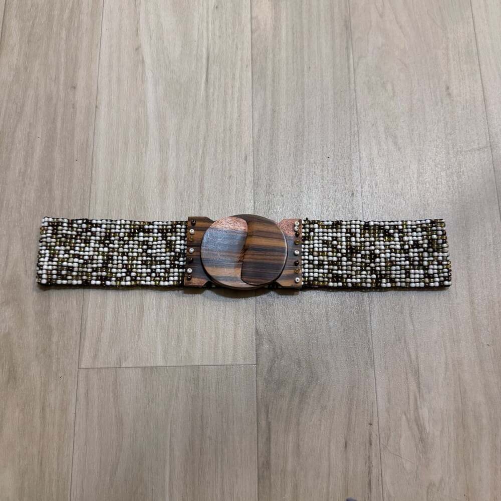 Vintage Boho Glass Beaded Stretch Belt with Wooden Buckle and Scroll Design